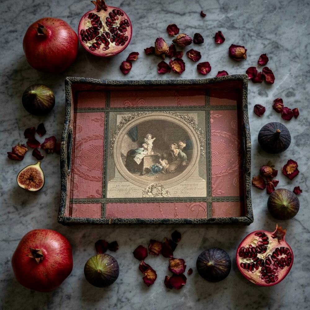 Antique French Silk Serving Tray-Hand Colored Stipple Engraving-Fragonard-Vanity